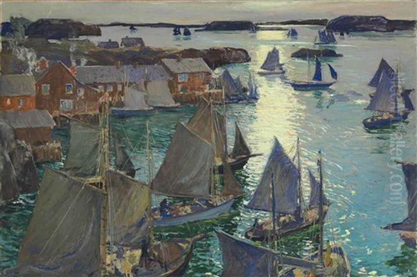 Anchored Boats Oil Painting by Jonas Lie