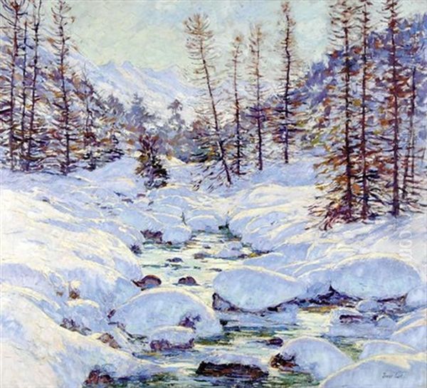 Winter Landscape With Stream Oil Painting by Jonas Lie