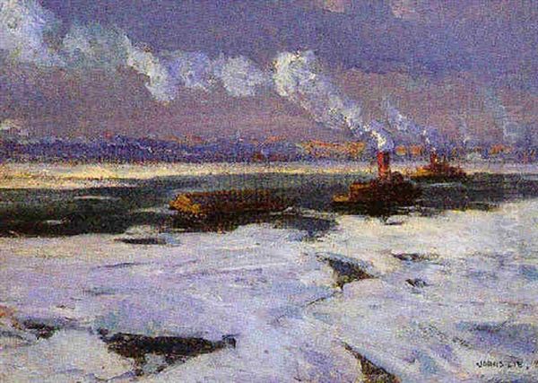 Tug Boats In Icy River Oil Painting by Jonas Lie