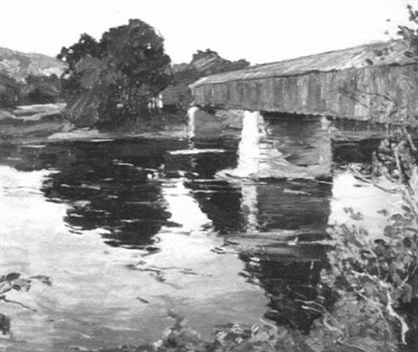 Old Covered Bridge Oil Painting by Jonas Lie