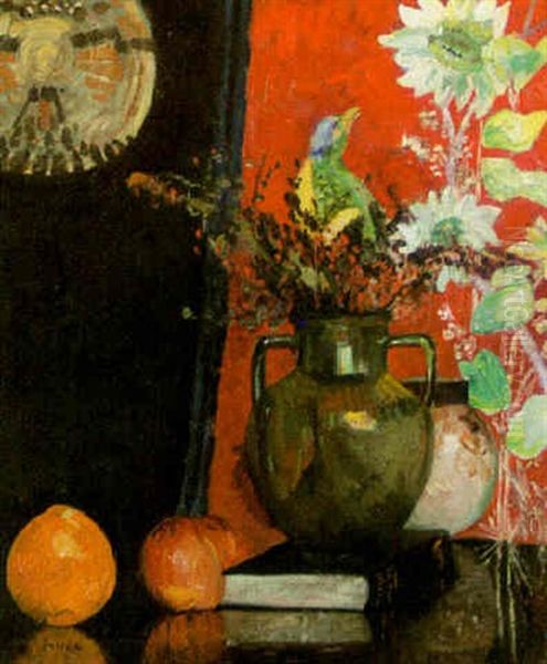 Still Life With Vase, Oranges And Book Oil Painting by Jonas Lie