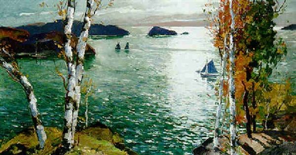 Islands And Boats Off Shore Oil Painting by Jonas Lie