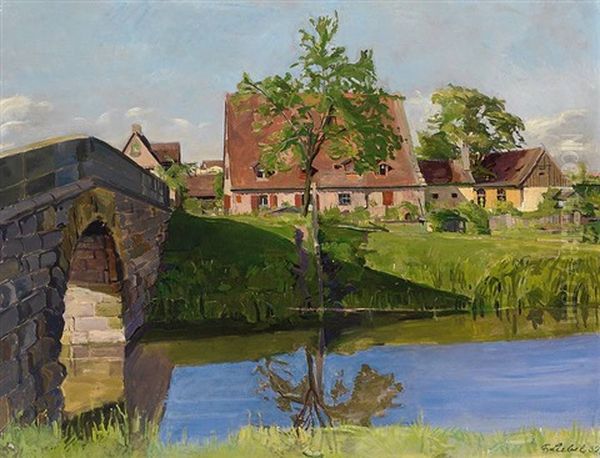 Kanalbrucke Oil Painting by Fritz Liebel