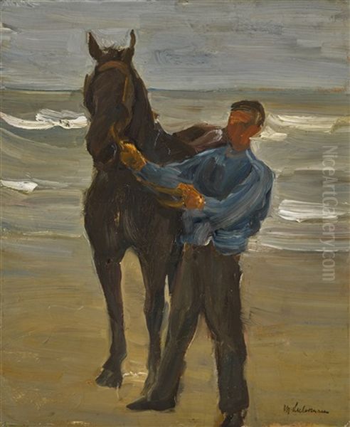 Mann Mit Einem Pferd Am Strand (man With A Horse On The Beach) Oil Painting by Max Liebermann