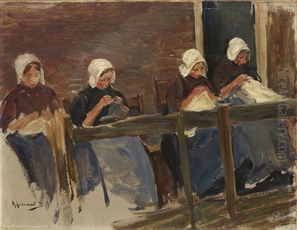 Nahende Madchen In Huyzen - Studie Mit Vier Figuren (hollandische Naherinnen) Oil Painting by Max Liebermann