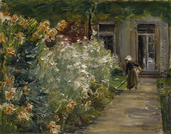 Gartnerin Vor Den Blumenstauden Am Gartnerhauschen Nach Osten (gardener In Front Of The Flower Gardens At The Gardener's Cottage To The East) Oil Painting by Max Liebermann