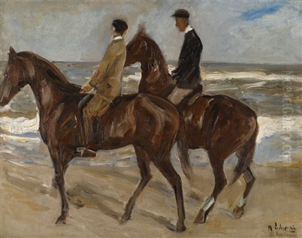 Zwei Reiter Am Strand Nach Links - Studie (two Riders On The Beach Turned To The Left - Study) Oil Painting by Max Liebermann