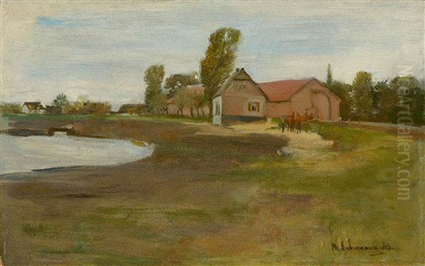 Dorfstrase In Militsch - Landschaft Mit Teich Oil Painting by Max Liebermann