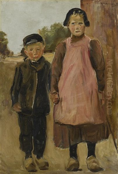 Junge Und Madchen Auf Der Dorfstrasse (boy And Girl On A Village Road) Oil Painting by Max Liebermann