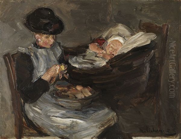 Madchen Aus Laren Beim Kartoffelschalen Neben Schlafendem Kind Im Korb Oil Painting by Max Liebermann