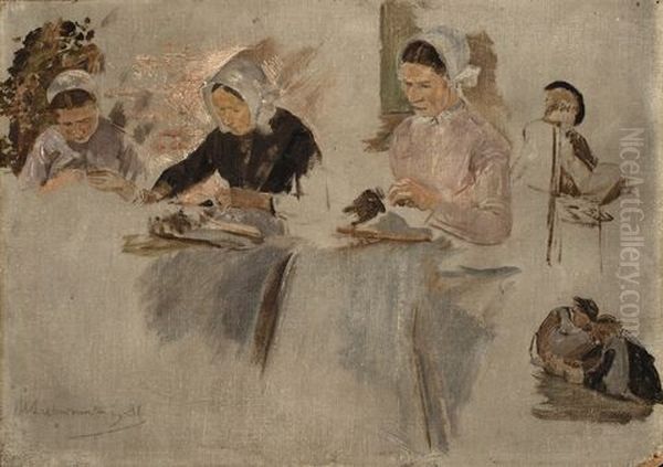 Brabanter Spitzenklopplerinnen - Studie Mit Drei Figuren Oil Painting by Max Liebermann