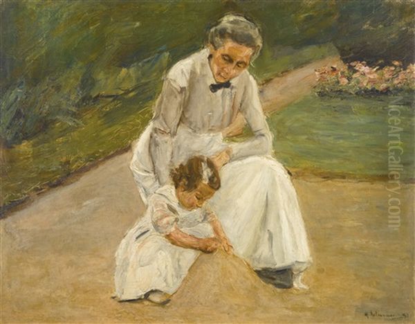 Enkelin Und Kinderfrau Beim Spiel Im Garten (the Artist's Granddaughter And Her Nurse Playing In The Garden) Oil Painting by Max Liebermann