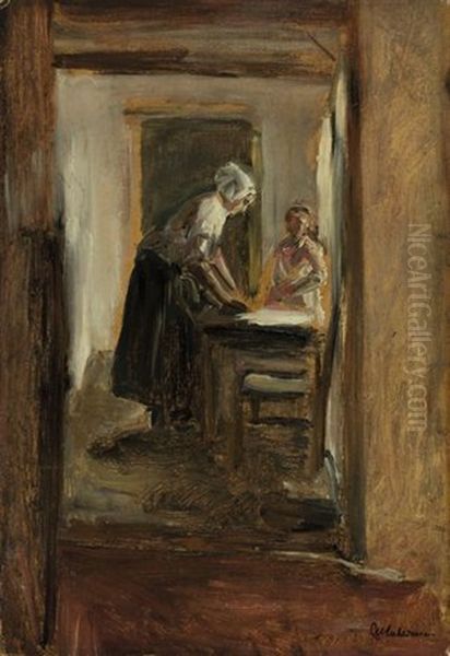 Interieur Mit Bugelnder Frau Und Kind Oil Painting by Max Liebermann