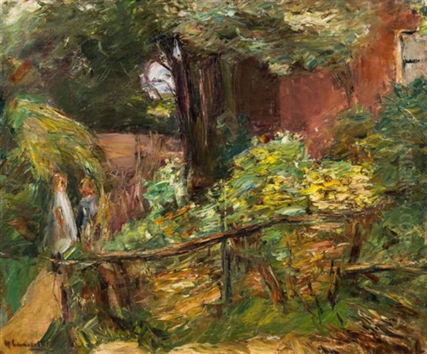 Zwei Madchen Auf Einem Waldweg - Bauerngarten Mit Bluhenden Sommerblumen Oil Painting by Max Liebermann