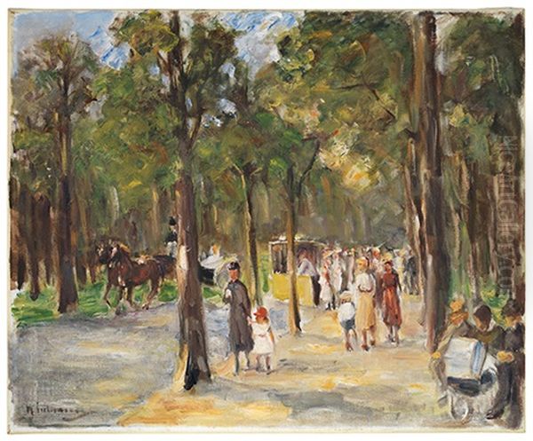 Allee Im Tiergarten Mit Spaziergangern, Einer Droschke Und Einer Strassenbahn Oil Painting by Max Liebermann