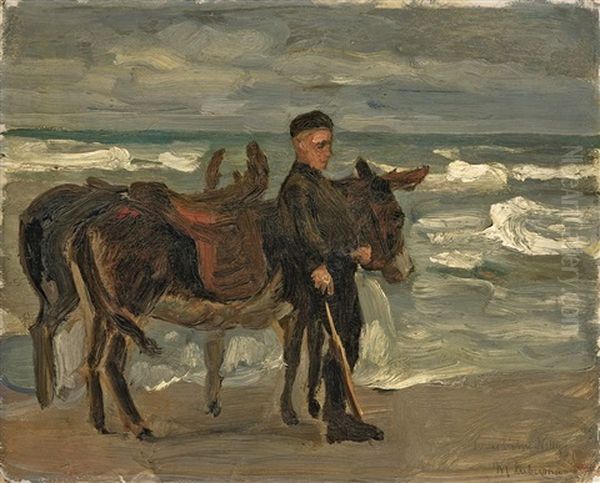 Junge Mit Zwei Reiteseln Am Meer (+ Badende Knaben, Verso) Oil Painting by Max Liebermann