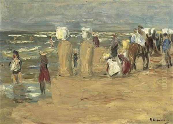 Badestrand In Scheveningen Mit Reitesel, Strandkorben Und Spielenden Kindern Oil Painting by Max Liebermann