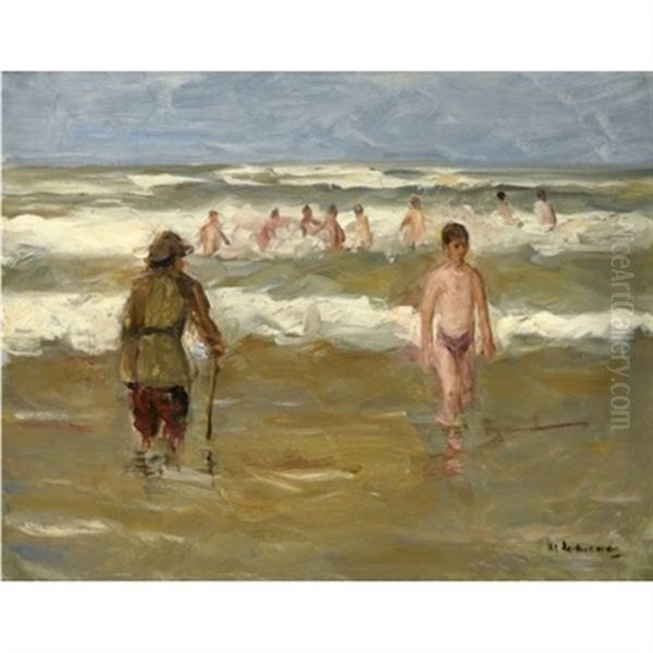 Badende Knaben Mit Strandwachter (boys Bathing With Beach Warden) Oil Painting by Max Liebermann