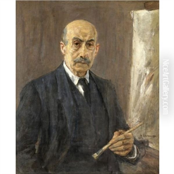 Selbstbildnis Im Anzug Neben Der Staffelei (self-portrait Wearing A Suit Standing Next To The Easel) Oil Painting by Max Liebermann