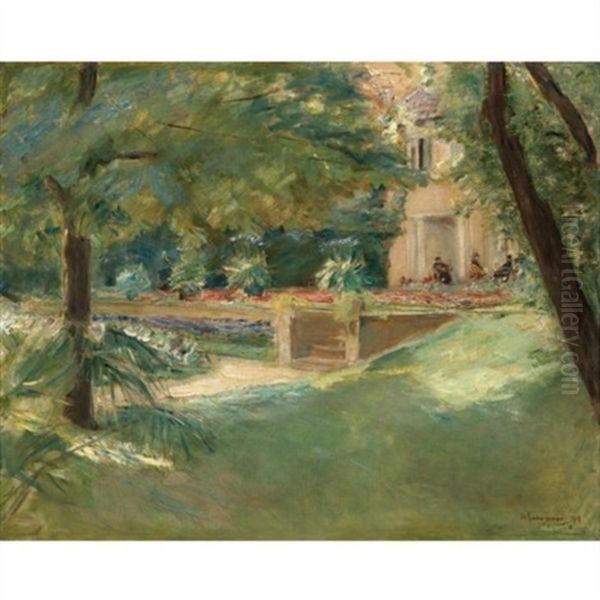 Blick Auf Die Blumenterrasse Im Wannseegarten Nach Sudwesten (view Of The Flower Terrace In Wannsee Garden To The South-west) Oil Painting by Max Liebermann