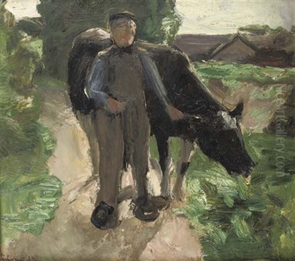 Farmer And Cow Oil Painting by Max Liebermann