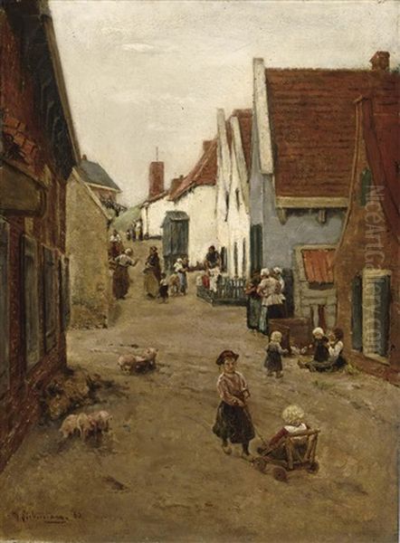 Hollandische Dorfstrasse - Strasse In Zandvoort (a View Of A Street In Zandvoort) Oil Painting by Max Liebermann