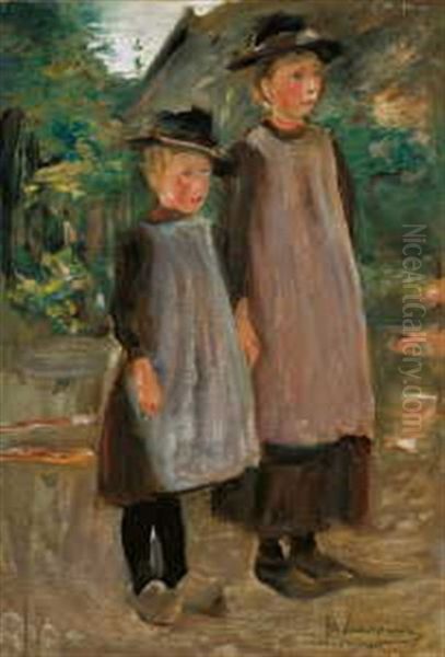 Zwei Hollandische Kinder, Schwestern, Nach Rechts  (study For Schulgang In Laren) Oil Painting by Max Liebermann