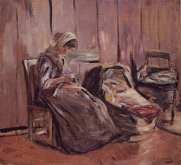 Frau Mit Wiege - Mutter Mit Kind In Einer Bauernstube Oil Painting by Max Liebermann