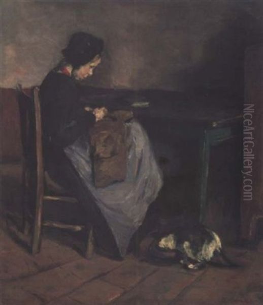 Nahendes Madchen Mit Katze - Hollandisches Interieur Oil Painting by Max Liebermann