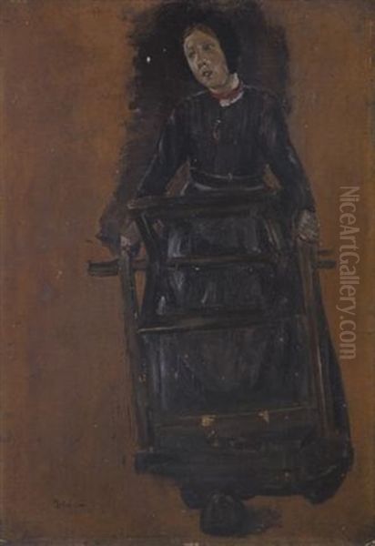 Madchen Mit Haspel - Studie Zur Flachsscheuer In Laren Oil Painting by Max Liebermann