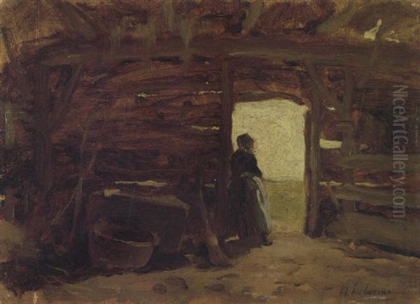 Bauersfrau In Einem Schuppen - Blick Aus Der Tur Auf Dunenlandschaft Oil Painting by Max Liebermann