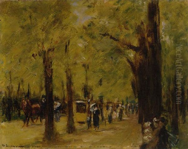 Allee Im Tiergarten Mit Spaziergangern, Einer Droschke Und Einer Strassenbahn Oil Painting by Max Liebermann