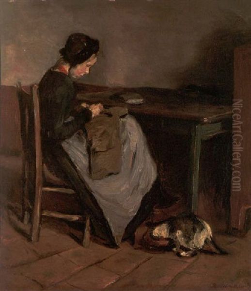 Nahendes Madchen Mit Katze - Hollandisches Interieur Oil Painting by Max Liebermann