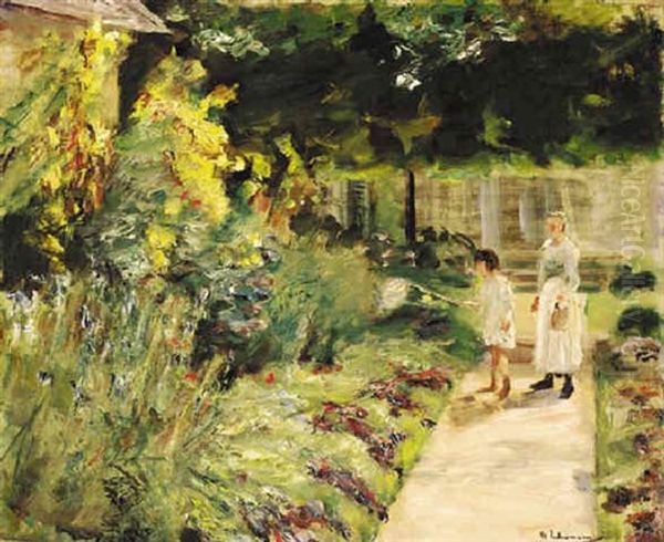 Die Enkelin Des Kunstlers Mit Ihrem Kindermadchen Im Nutzgarten Des Landhauses In Wannsee Oil Painting by Max Liebermann