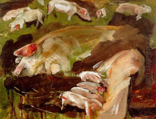 Muttersau Und Ferkel Oil Painting by Max Liebermann