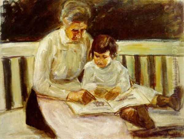 Enkelin Und Kinderfrau Auf Der Gartenbank by Max Liebermann