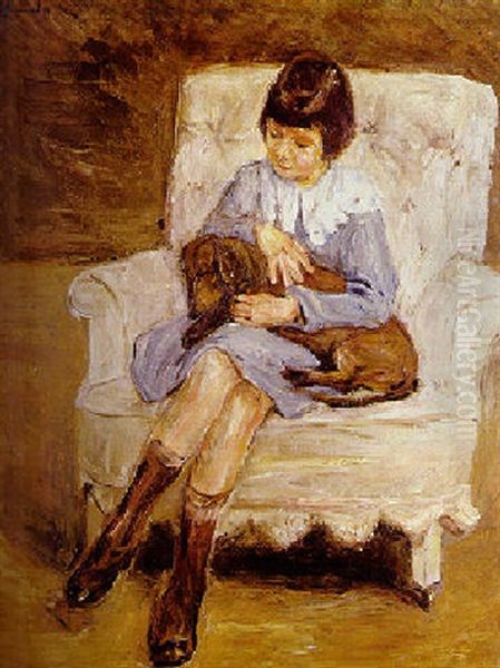 Maria Riezler-white, Granddaughter Of Artist, With Dachshund On Her Knee Oil Painting by Max Liebermann