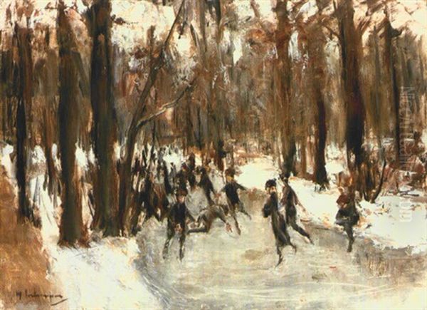 Children Skating On A Lake In The Tiergarten, Berlin by Max Liebermann