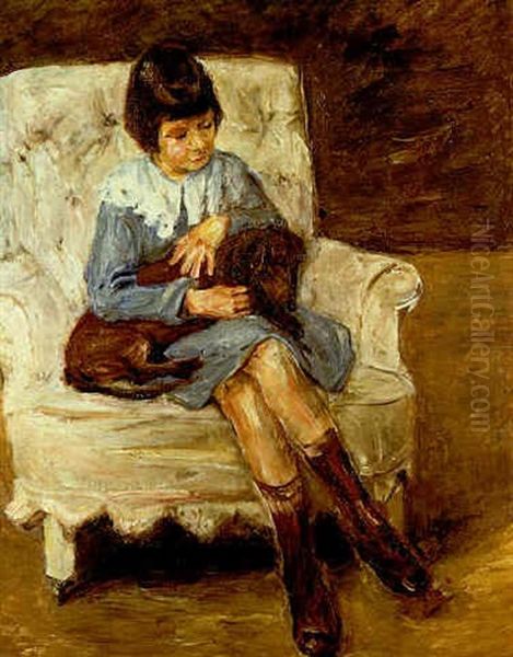 Maria Riezler-white, Grand-daughter Of The Artist, With Dachshund On Her Knee Oil Painting by Max Liebermann