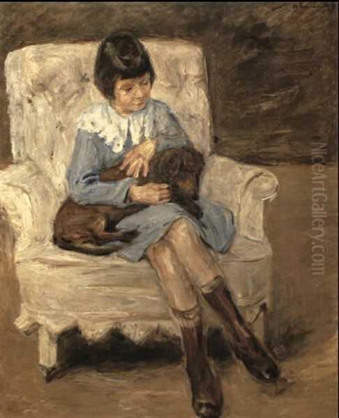 Maria Riezler-white. With Dachshund On Her Knee Oil Painting by Max Liebermann