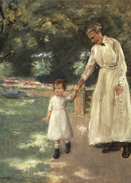 Maria, Die Enkelin Des K_nstlers, Mit Kinderfrau Oil Painting by Max Liebermann