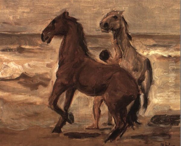 Pferdeknecht Mit Steigenden Pferden Am Strand by Max Liebermann