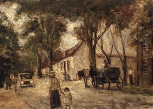 Allee In Wannsee Mit Spaziergangern, Einer Pferdedroschke   Und Einem Automobil Oil Painting by Max Liebermann