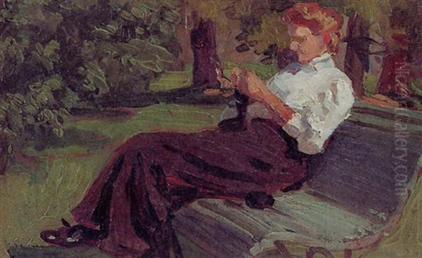 The Artist's Wife Seated On Park Bench Oil Painting by Max Liebermann