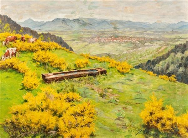 View Over Meadows With Flowering Brooms, In The Background View Of A City, Probably Furtwangen Oil Painting by Curt Liebich