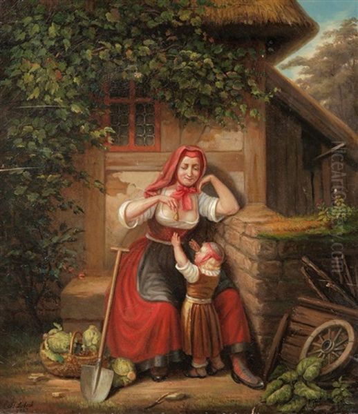 Junge Bauerin Mit Ihrem Kind Oil Painting by Ferdinand Liebsch