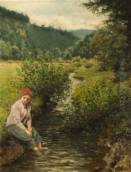 Madchen Am Bach Oil Painting by Adolf Liebscher