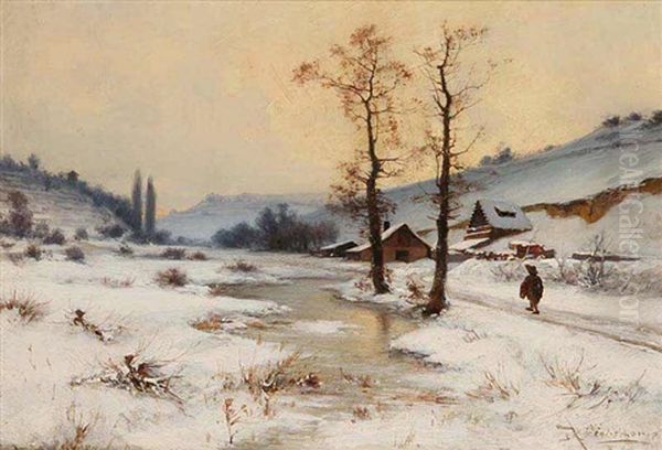 A Winter Landscape Oil Painting by Karel Liebscher