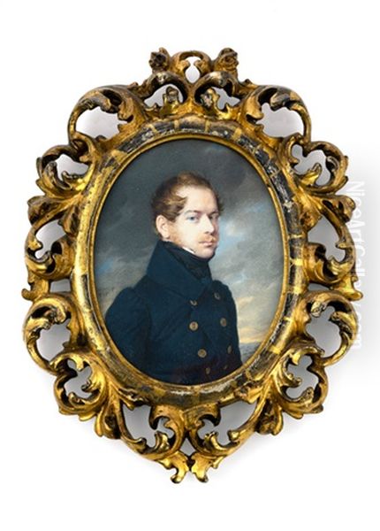 Portrait Des Ernst Freiherr Von Linden In Blauer Jacke Vor Landschaftshintergrund Oil Painting by Friedrich Johann Gottlieb (Franz) Lieder