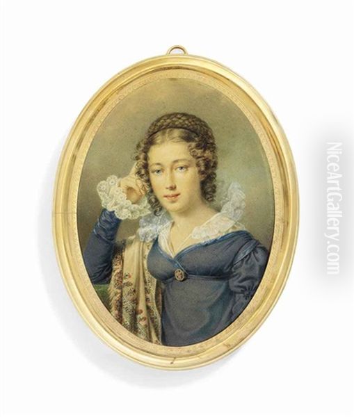 A Young Lady, In Blue Dress With White Gauze Upstand Collar And Double Lace Cuffs, Cameo Brooch Fastened At Corsage, White Cashmere Shawl Embroidered With Red And Blue Oil Painting by Friedrich Johann Gottlieb (Franz) Lieder